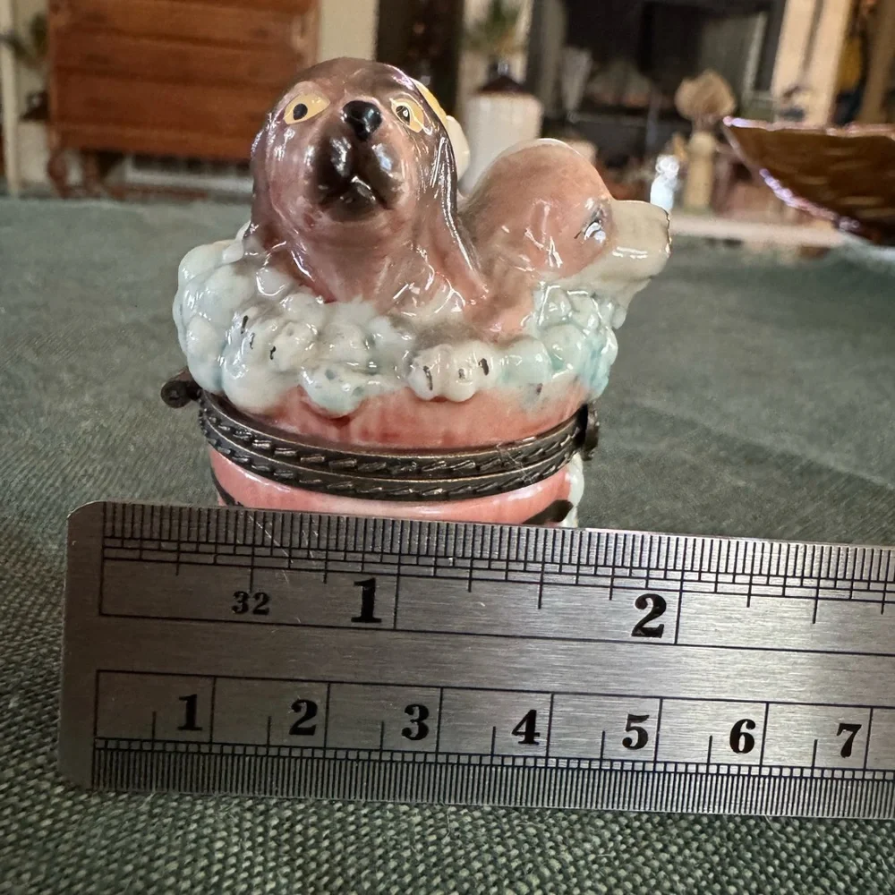 Ceramic Dog Figurine in Bath Trinket Box